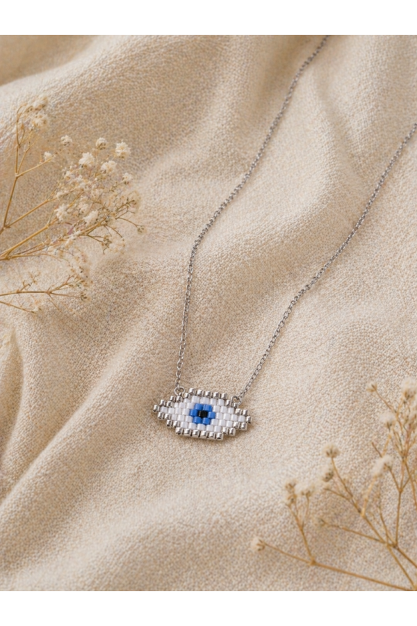 S.Steel κολιέ μάτι με γιαπωνέζικες χάντρες Miyuki ασημί-λευκό-γαλάζιο 