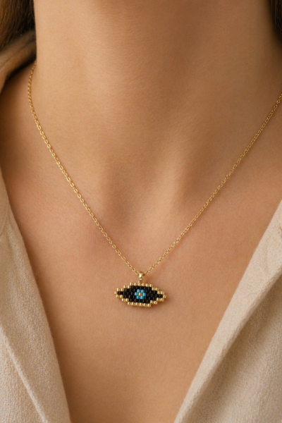 S.Steel κολιέ μάτι με γιαπωνέζικες χάντρες Miyuki χρυσό-μαύρο-γαλάζιο 