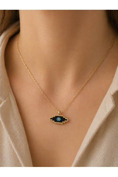 S.Steel κολιέ μάτι με γιαπωνέζικες χάντρες Miyuki χρυσό-μαύρο-γαλάζιο 