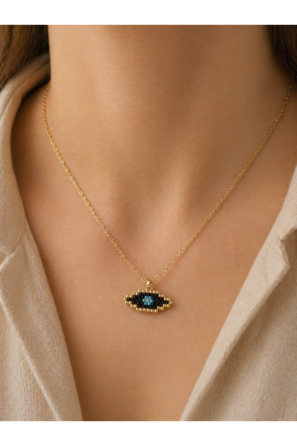 S.Steel κολιέ μάτι με γιαπωνέζικες χάντρες Miyuki χρυσό-μαύρο-γαλάζιο 