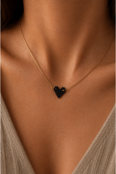 S.Steel κολιέ καρδιά με γιαπωνέζικες χάντρες Miyuki μαύρο-χρυσό