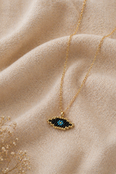 S.Steel κολιέ μάτι με γιαπωνέζικες χάντρες Miyuki χρυσό-μαύρο-γαλάζιο 