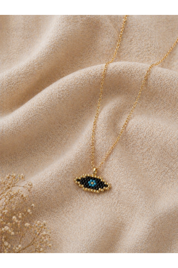 S.Steel κολιέ μάτι με γιαπωνέζικες χάντρες Miyuki χρυσό-μαύρο-γαλάζιο 