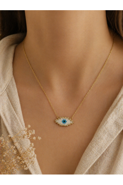 S.Steel κολιέ μάτι με γιαπωνέζικες χάντρες Miyuki χρυσό-λευκό-γαλάζιο 