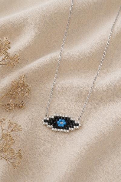 S.Steel κολιέ μάτι με γιαπωνέζικες χάντρες Miyuki ασημί-μαύρο-γαλάζιο 