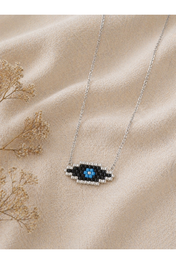 S.Steel κολιέ μάτι με γιαπωνέζικες χάντρες Miyuki ασημί-μαύρο-γαλάζιο 