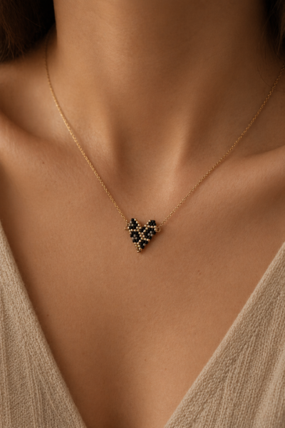 S.Steel κολιέ καρδιά με γιαπωνέζικες χάντρες Miyuki λεοπάρ