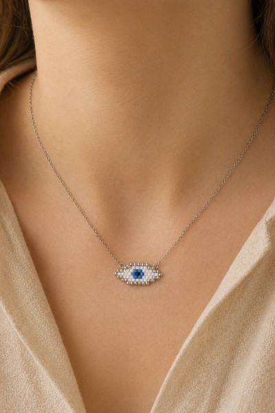 S.Steel κολιέ μάτι με γιαπωνέζικες χάντρες Miyuki ασημί-λευκό-γαλάζιο 