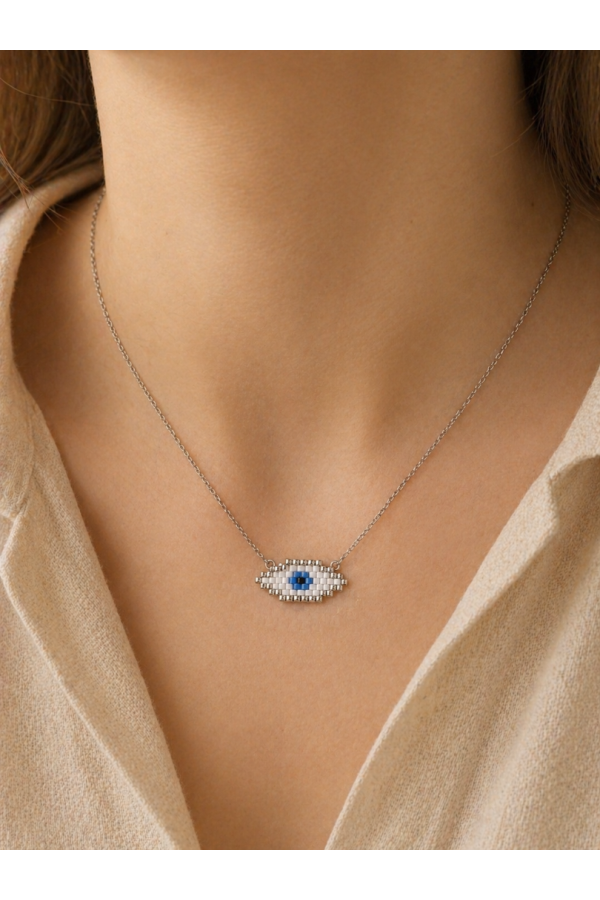 S.Steel κολιέ μάτι με γιαπωνέζικες χάντρες Miyuki ασημί-λευκό-γαλάζιο 