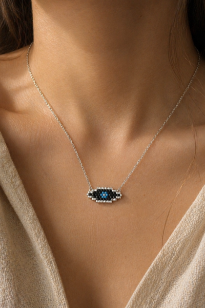 S.Steel κολιέ μάτι με γιαπωνέζικες χάντρες Miyuki ασημί-μαύρο-γαλάζιο 