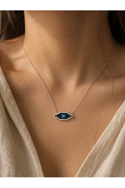 S.Steel κολιέ μάτι με γιαπωνέζικες χάντρες Miyuki ασημί-μαύρο-γαλάζιο 