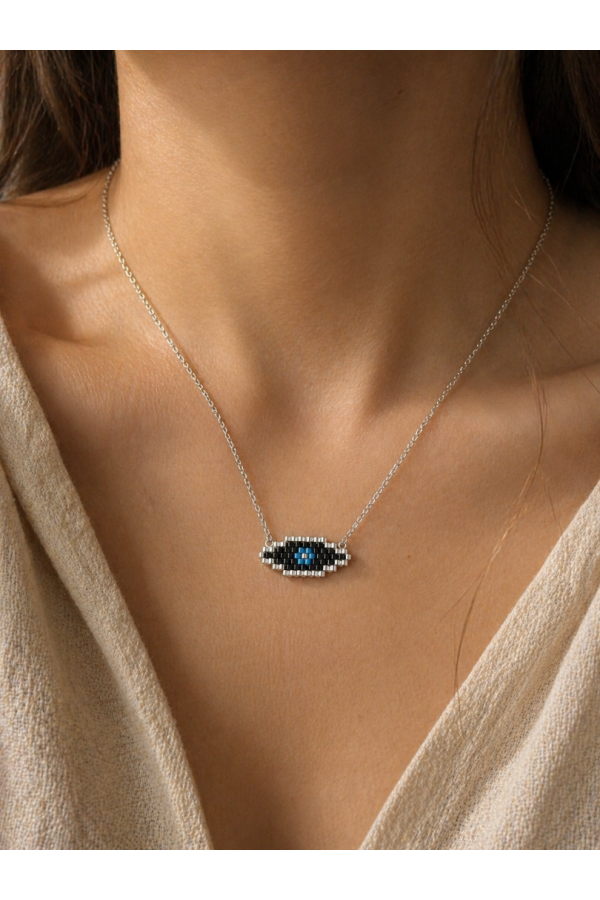 S.Steel κολιέ μάτι με γιαπωνέζικες χάντρες Miyuki ασημί-μαύρο-γαλάζιο 