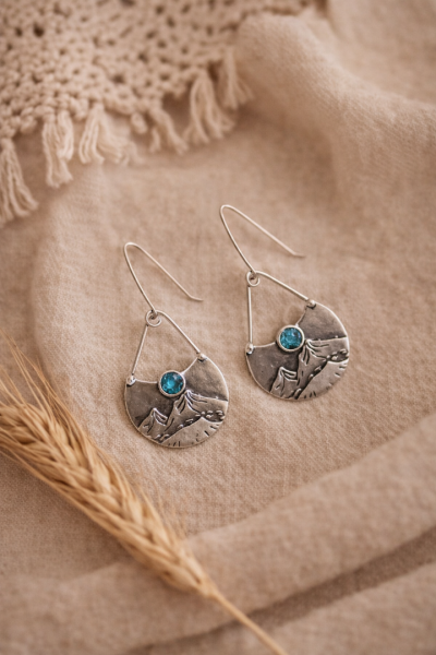 Χειροποίητα Κρεμαστά Σκουλαρίκια με πέτρα και σχέδιο βουνά